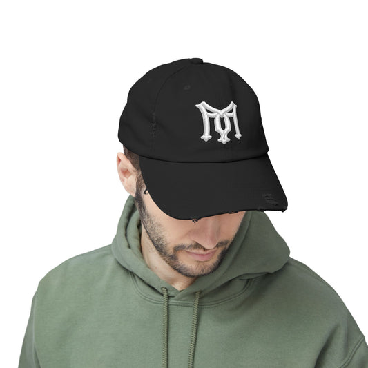 Distressed Black Baseball Cap with White Gothic 'M' Embroidery
