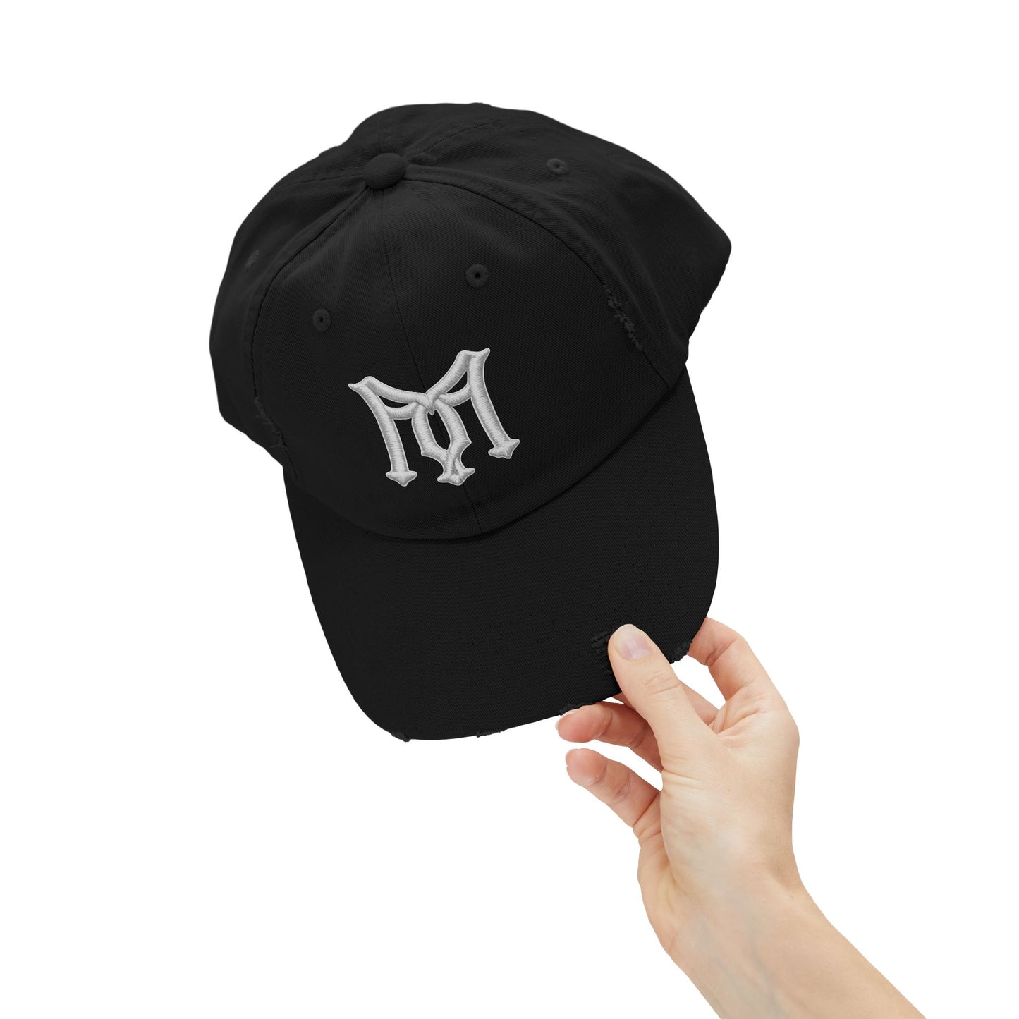 Distressed Black Baseball Cap with White Gothic 'M' Embroidery