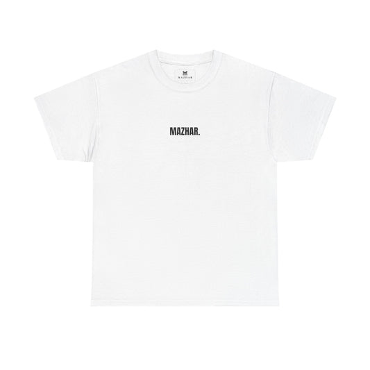 Mazhar Minimalist Tee — White Cotton T-Shirt with Center Text