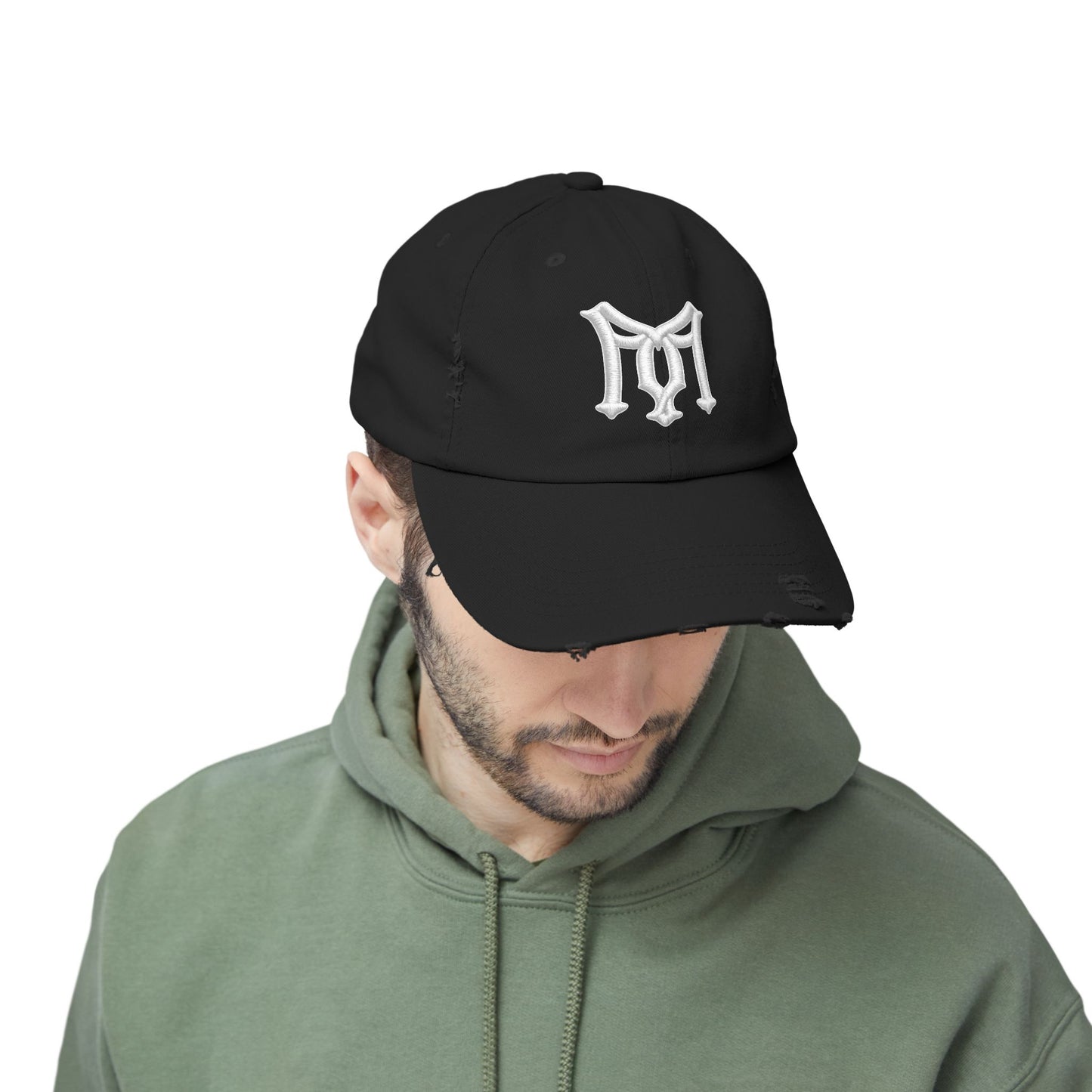 Distressed Black Baseball Cap with White Gothic 'M' Embroidery