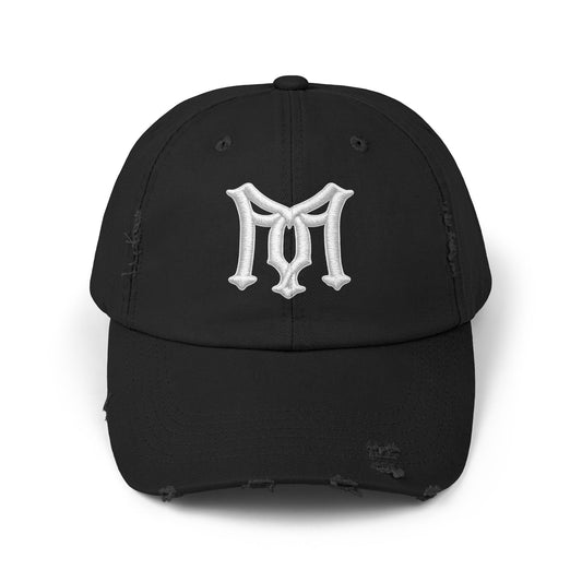 Distressed Black Baseball Cap with White Gothic 'M' Embroidery